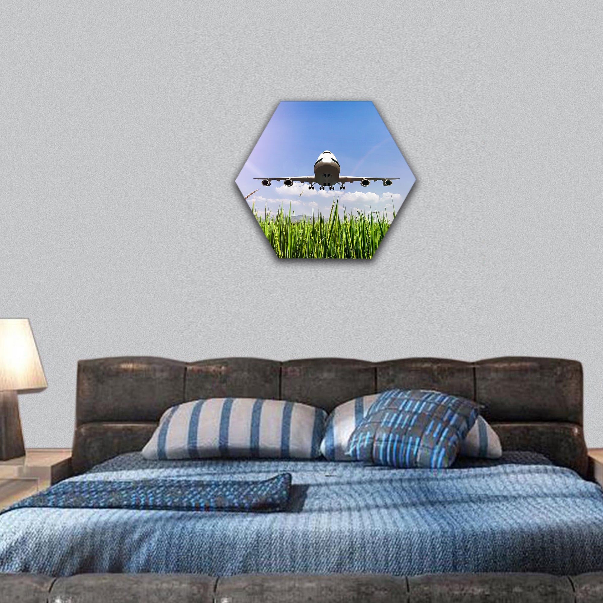 Airplane take off on the blue sky, hexagonal canvas wall art