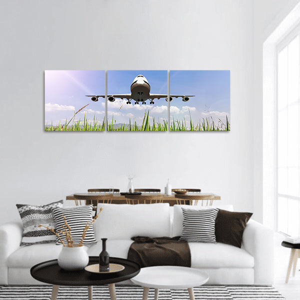 Airplane take off on the blue sky panoramic canvas wall art