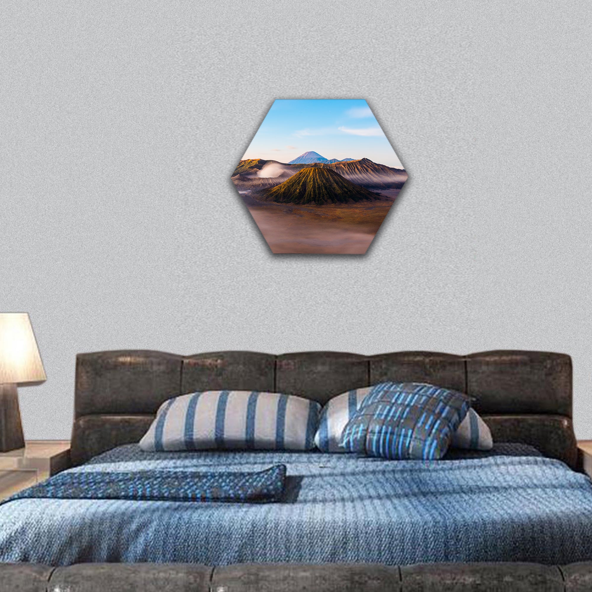 Mount Bromo with mist and fog during sunrise hexagonal canvas wall art