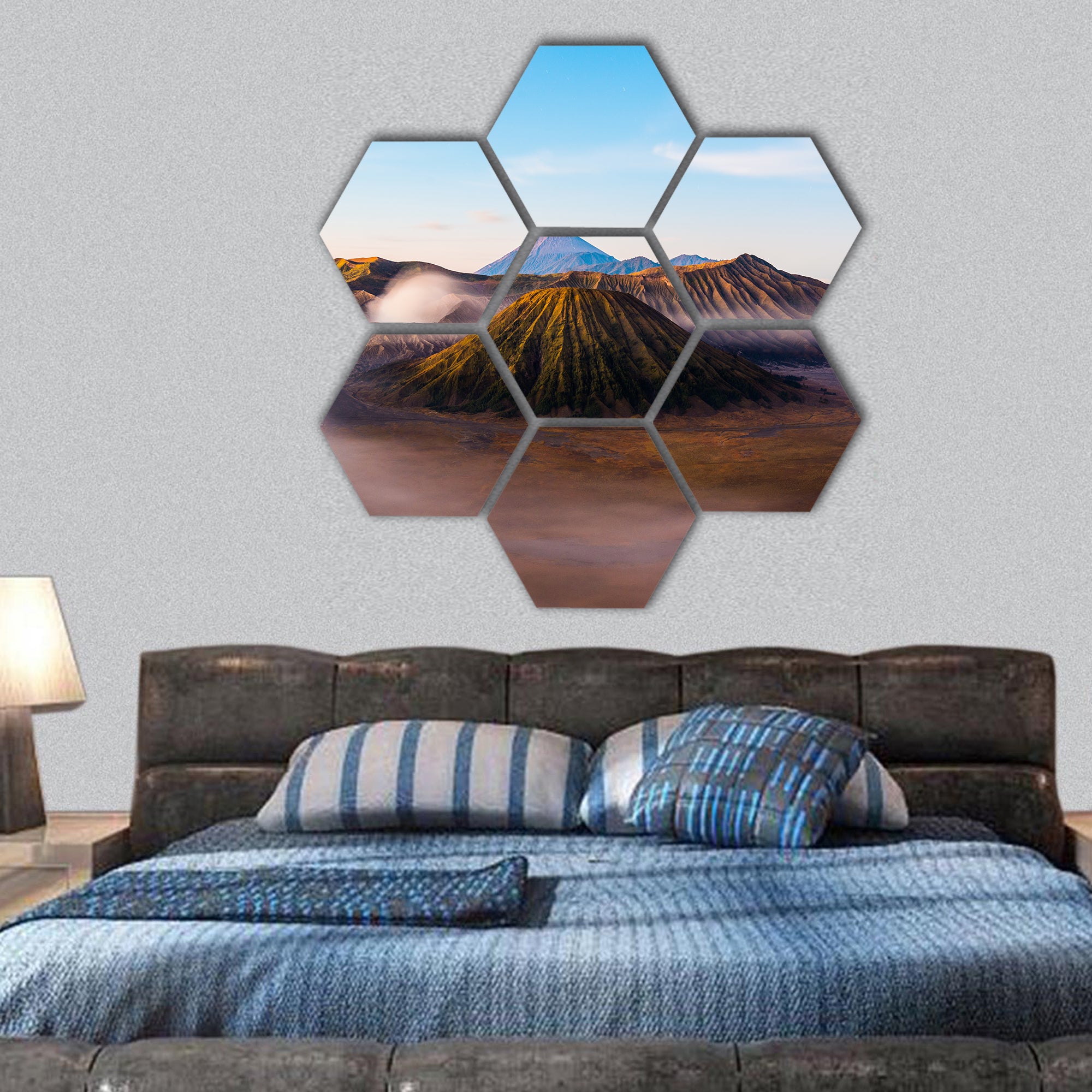 Mount Bromo with mist and fog during sunrise hexagonal canvas wall art
