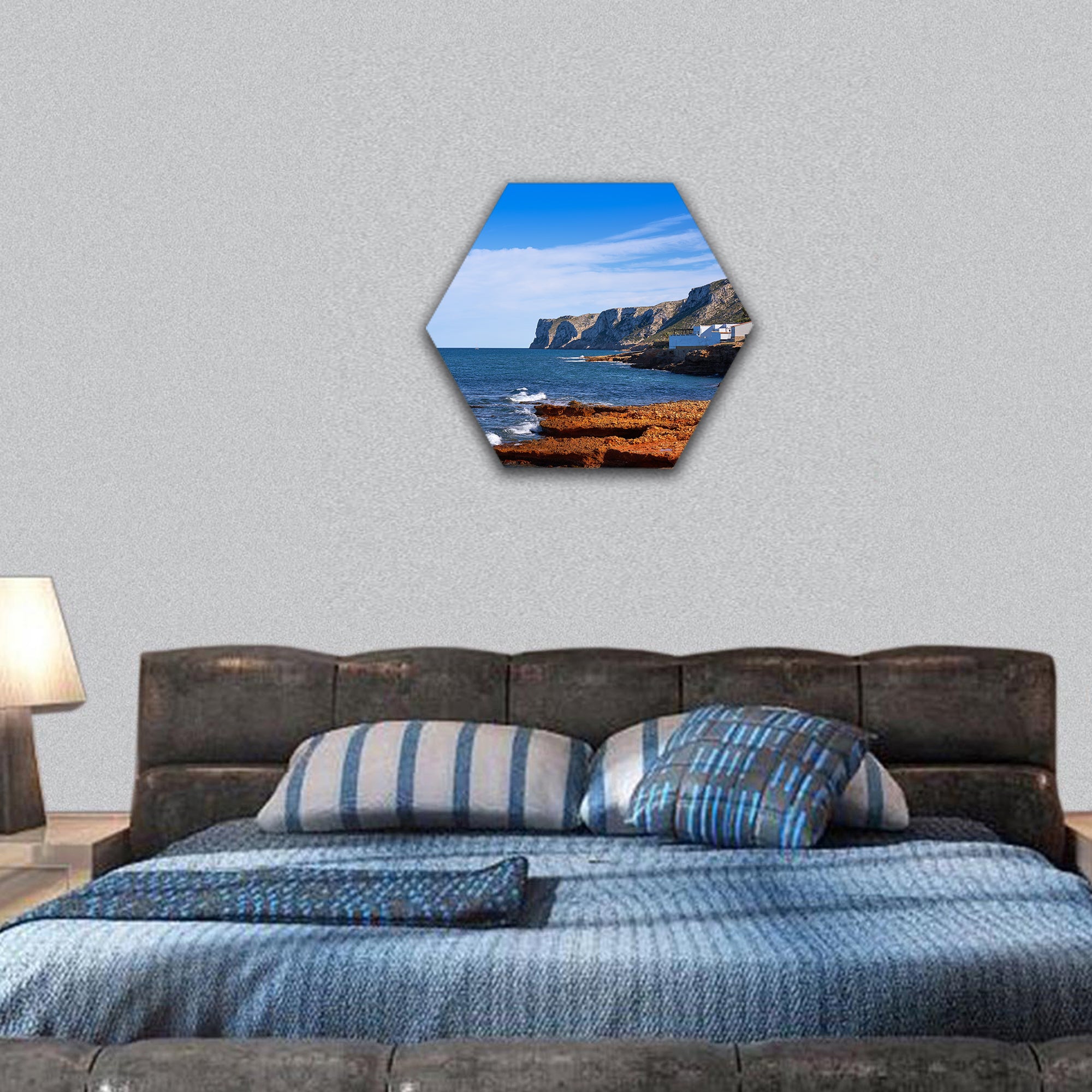 Denia Las rotas beach in spring at Alicante Spain hexagonal canvas wall art