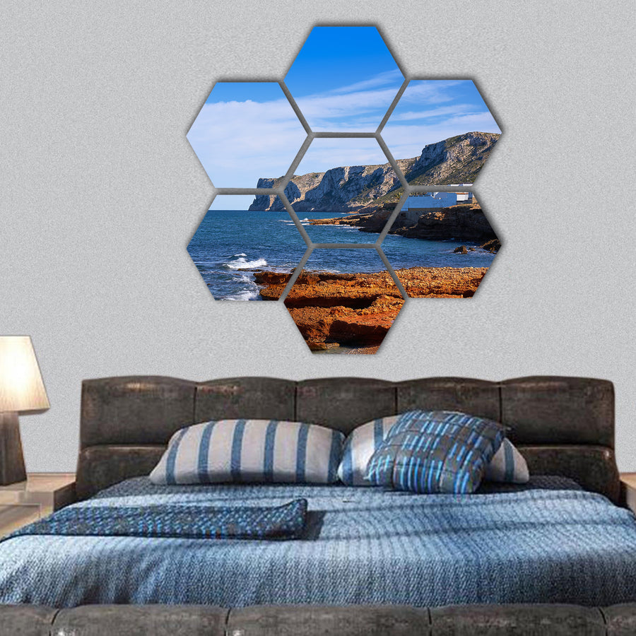 Denia Las rotas beach in spring at Alicante Spain hexagonal canvas wall art