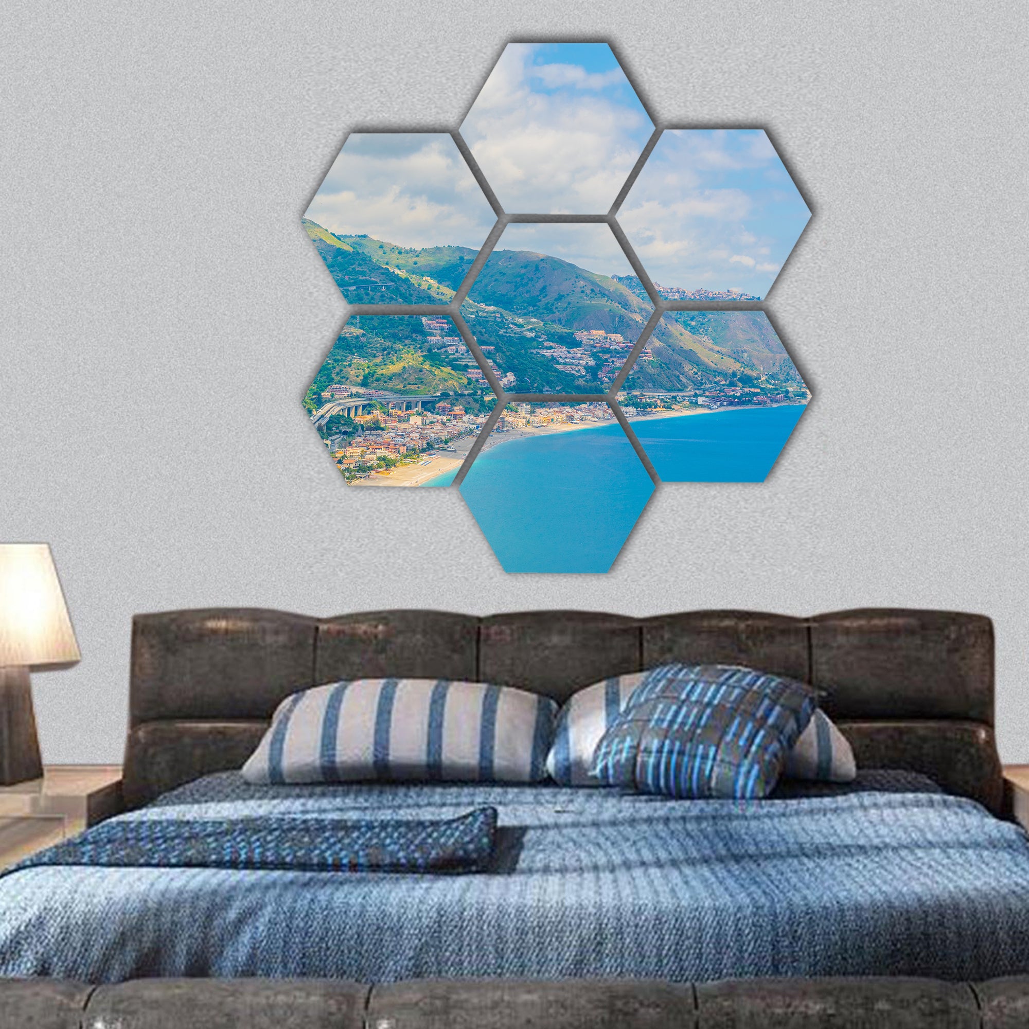 coastline near sicilian city Taormina, Italy hexagonal canvas wall art