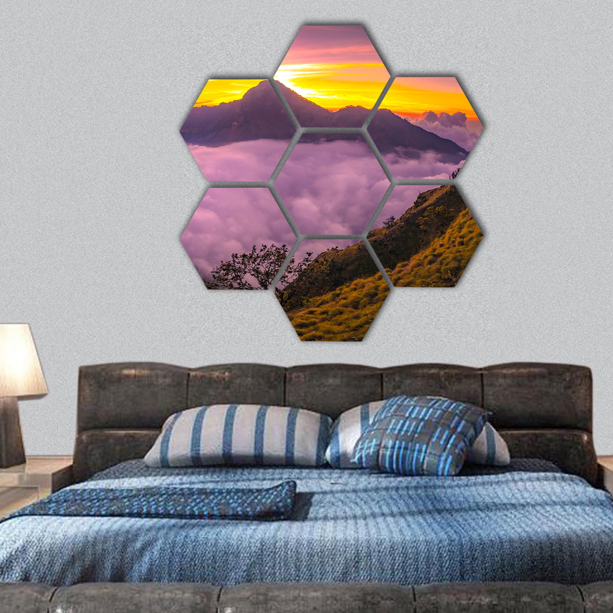 Rinjani basecamp and the cloud over Segara Anak lake hexagonal canvas wall art