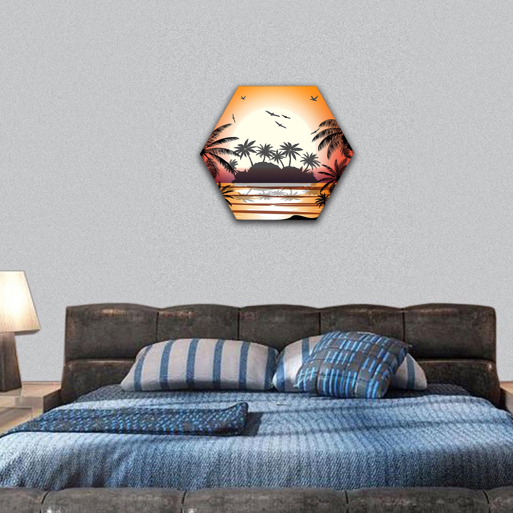 Silhouette of palm tree on beach hexagonal canvas wall art