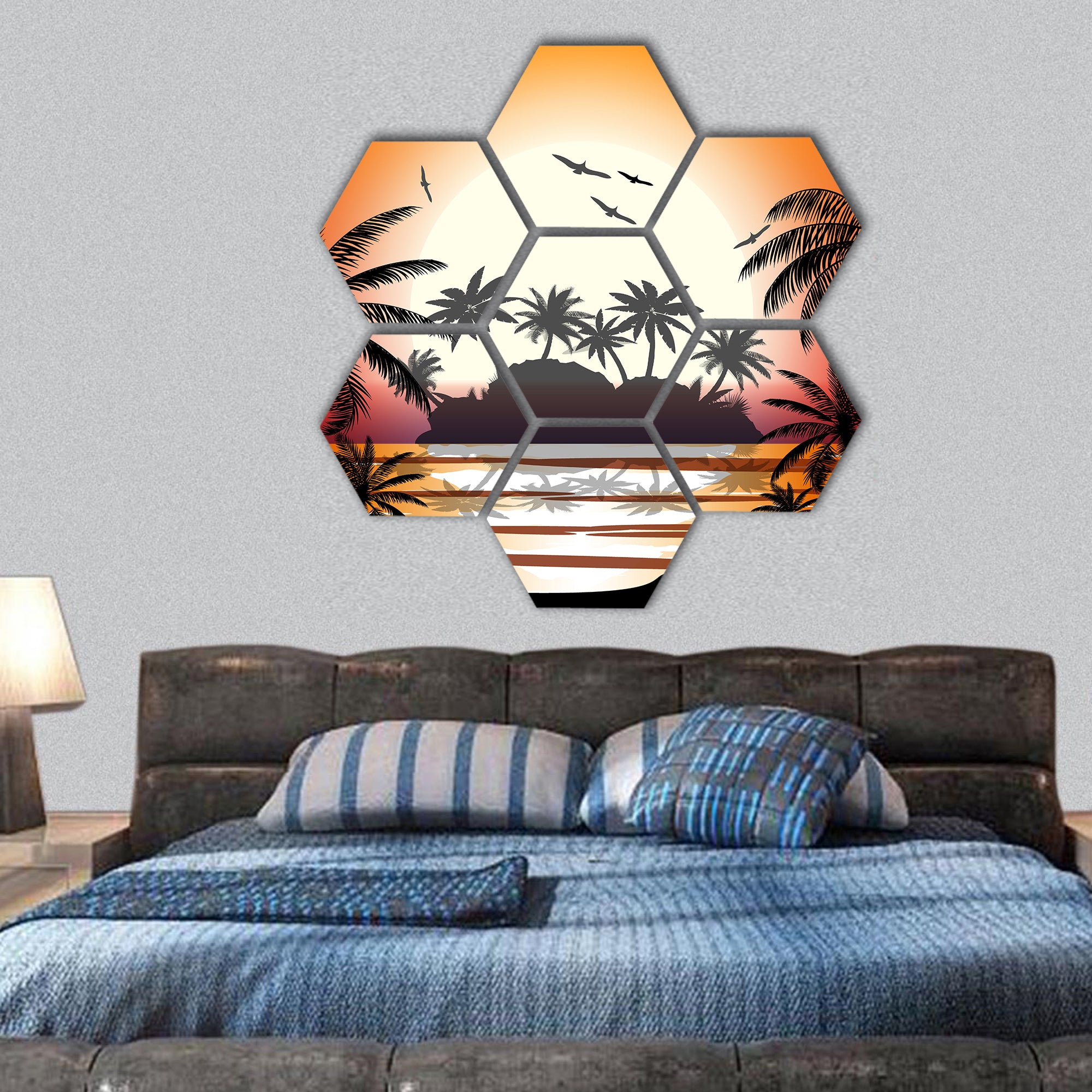 Silhouette of palm tree on beach hexagonal canvas wall art