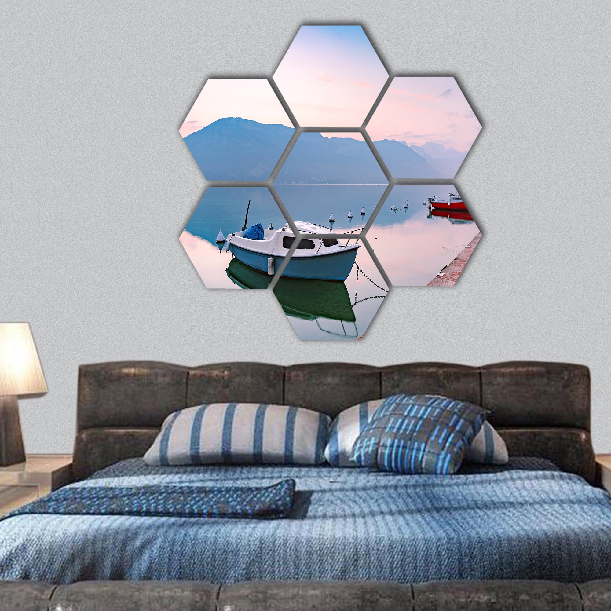 Annecy lake and Alps mountains at sunrise hexagonal canvas wall art