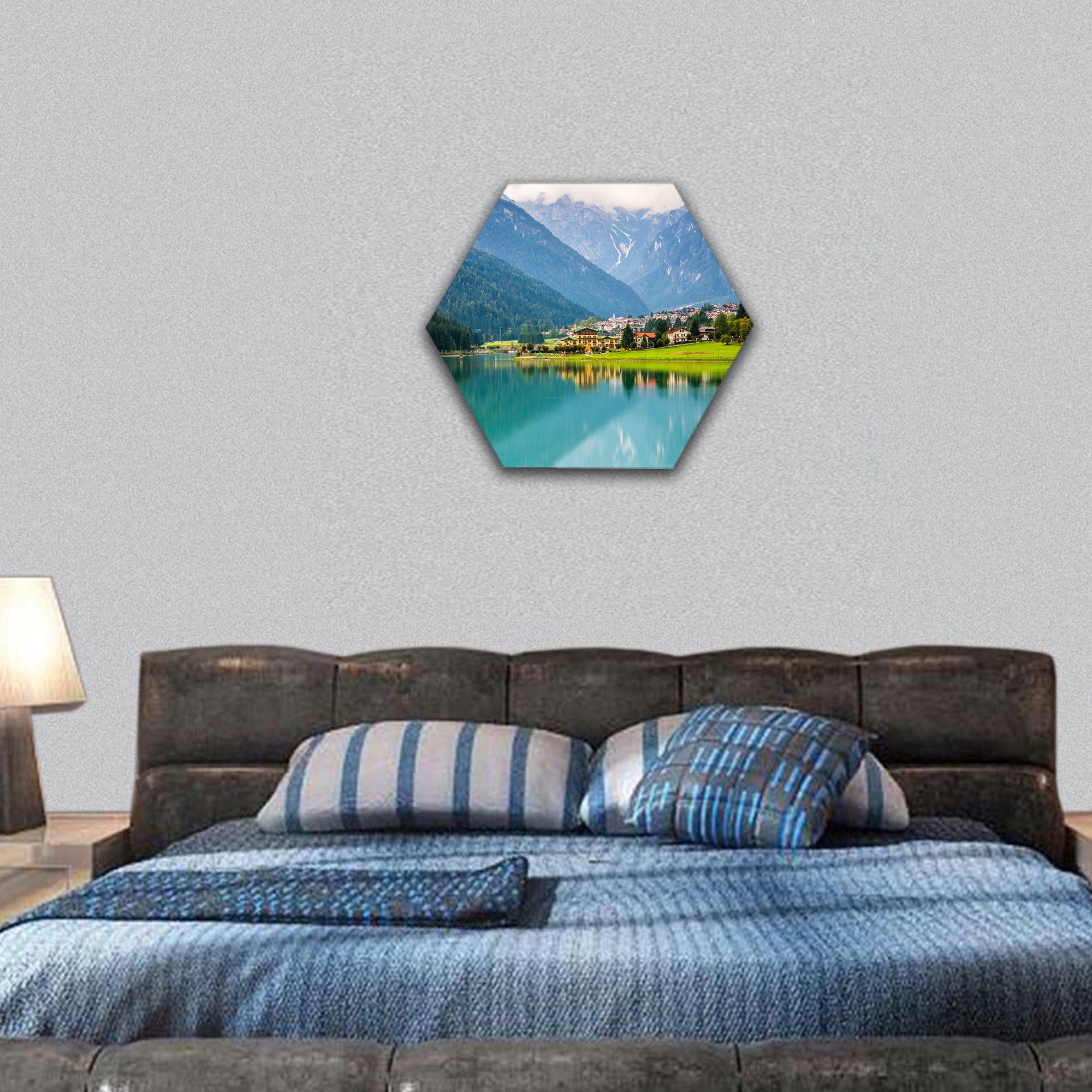 mountain village landscape of Villapiccola and Lake Auronzo hexagonal canvas wall art