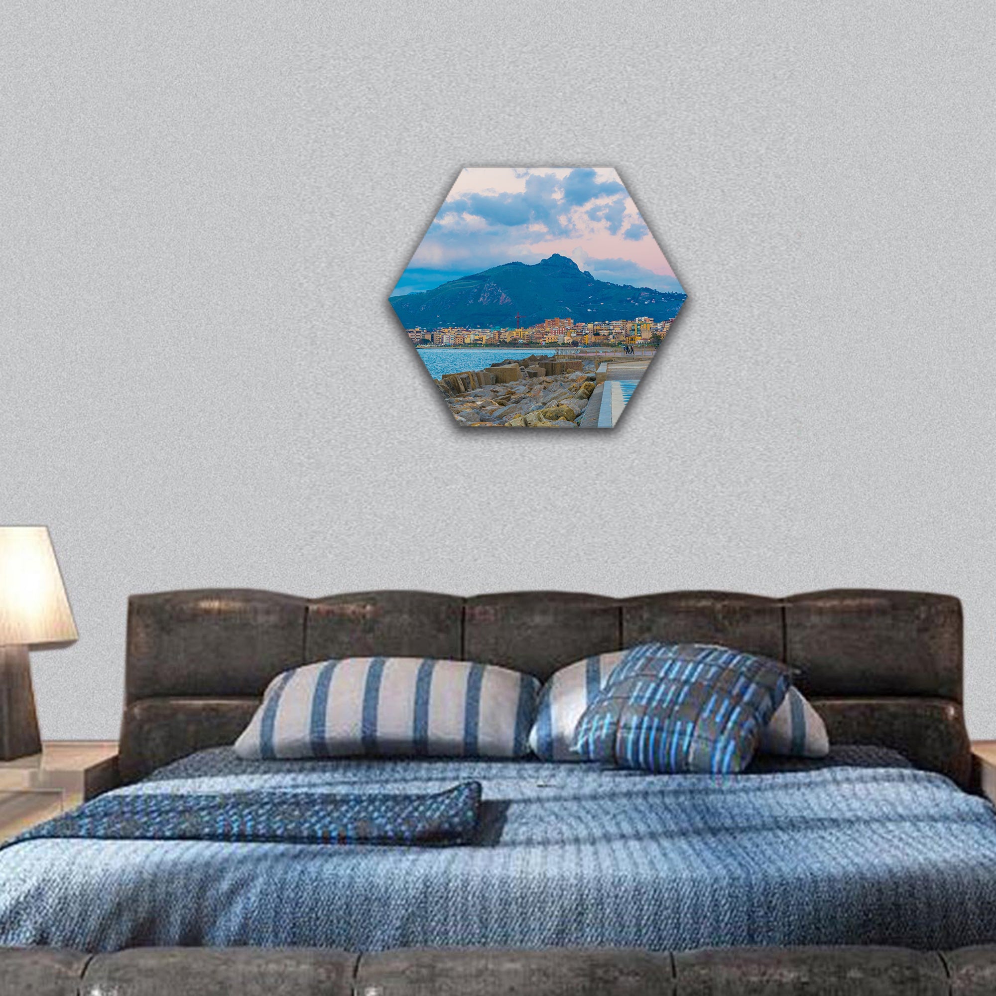 seaside of the sicilian city Palermo during sunset hexagonal canvas wall art