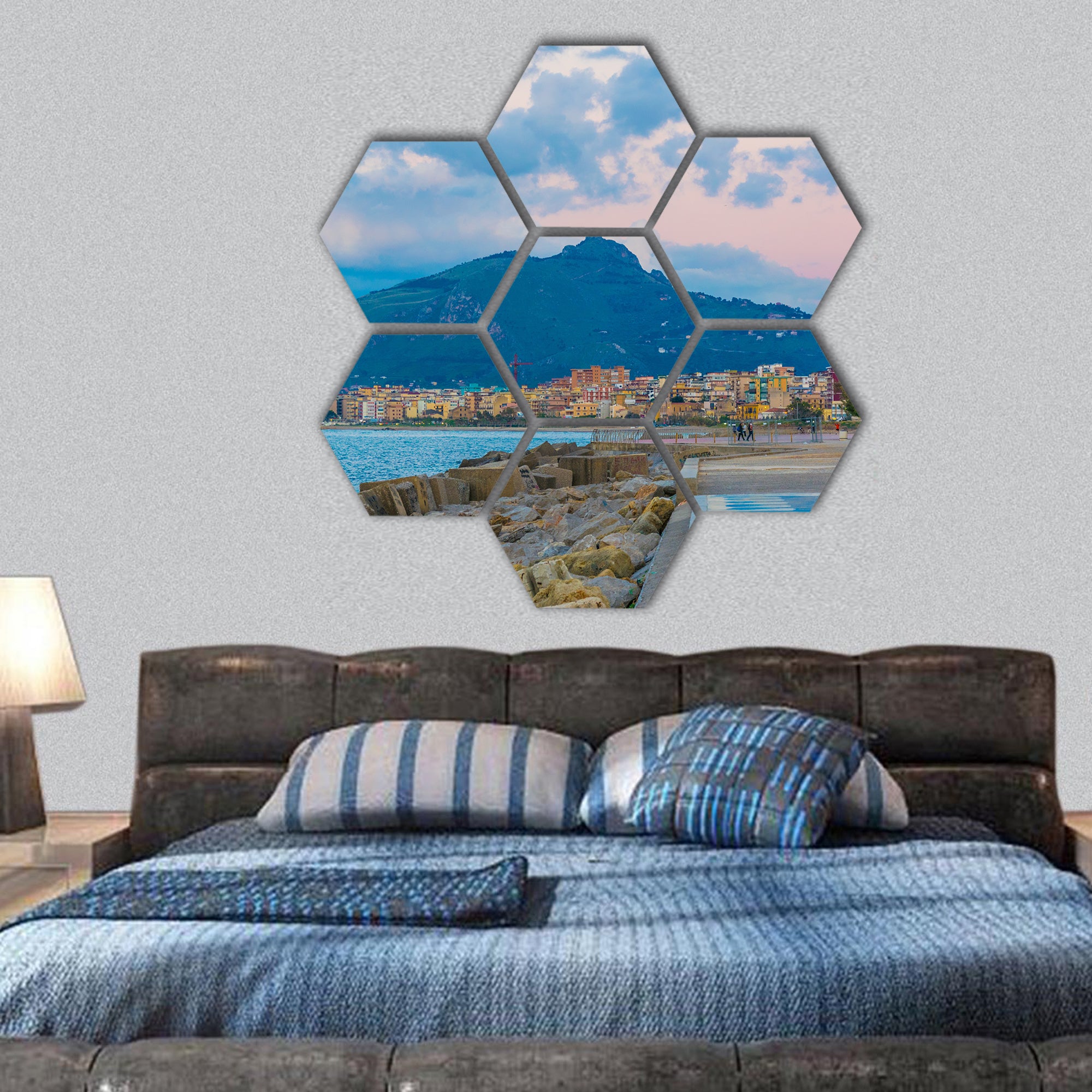 seaside of the sicilian city Palermo during sunset hexagonal canvas wall art