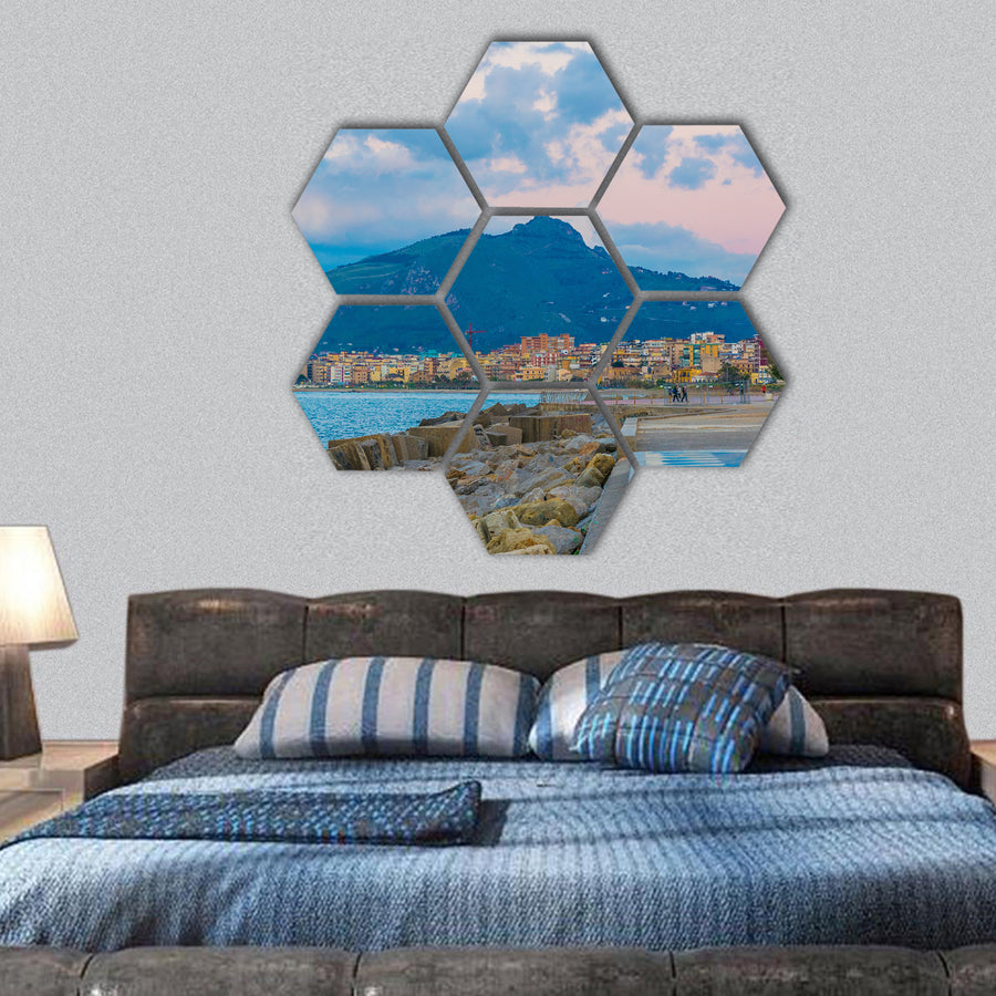 seaside of the sicilian city Palermo during sunset hexagonal canvas wall art