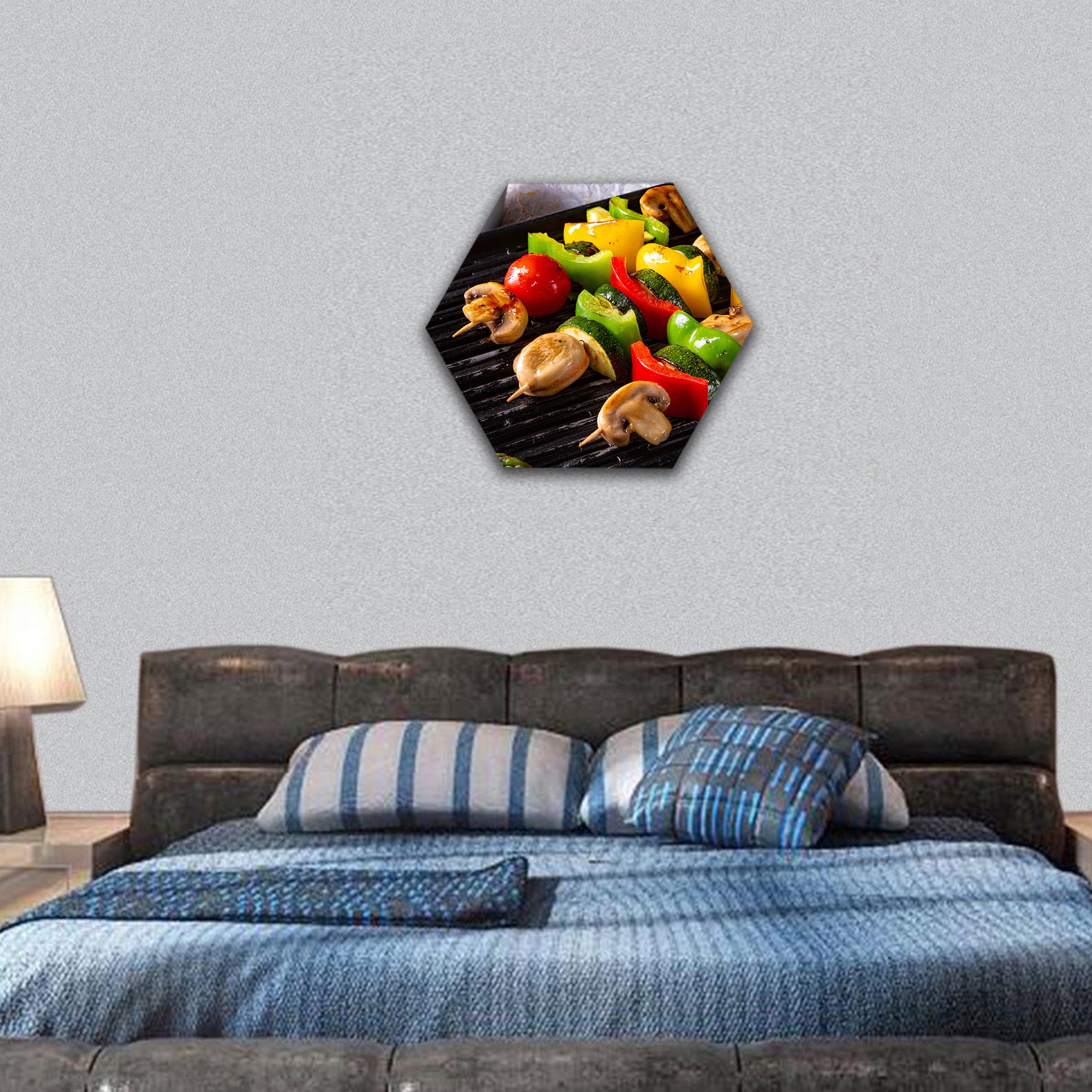rustic vegetable shashlik with green asparagus and paprika hexagonal canvas wall art