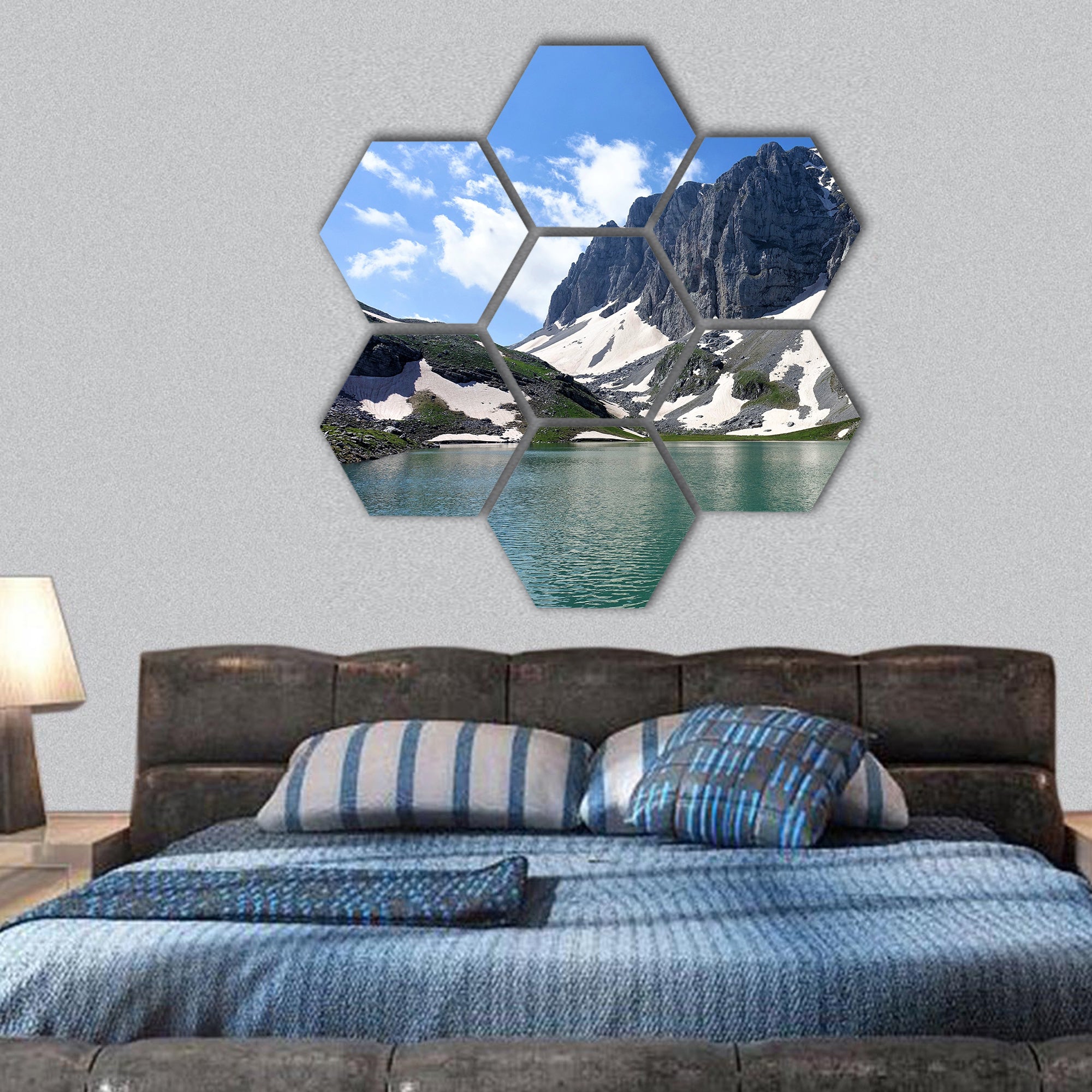 Astraka peak raises behind alpine glacier lake hexagonal canvas wall art