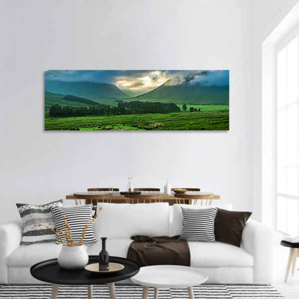 Foggy sunset over the mountains panoramic canvas wall art