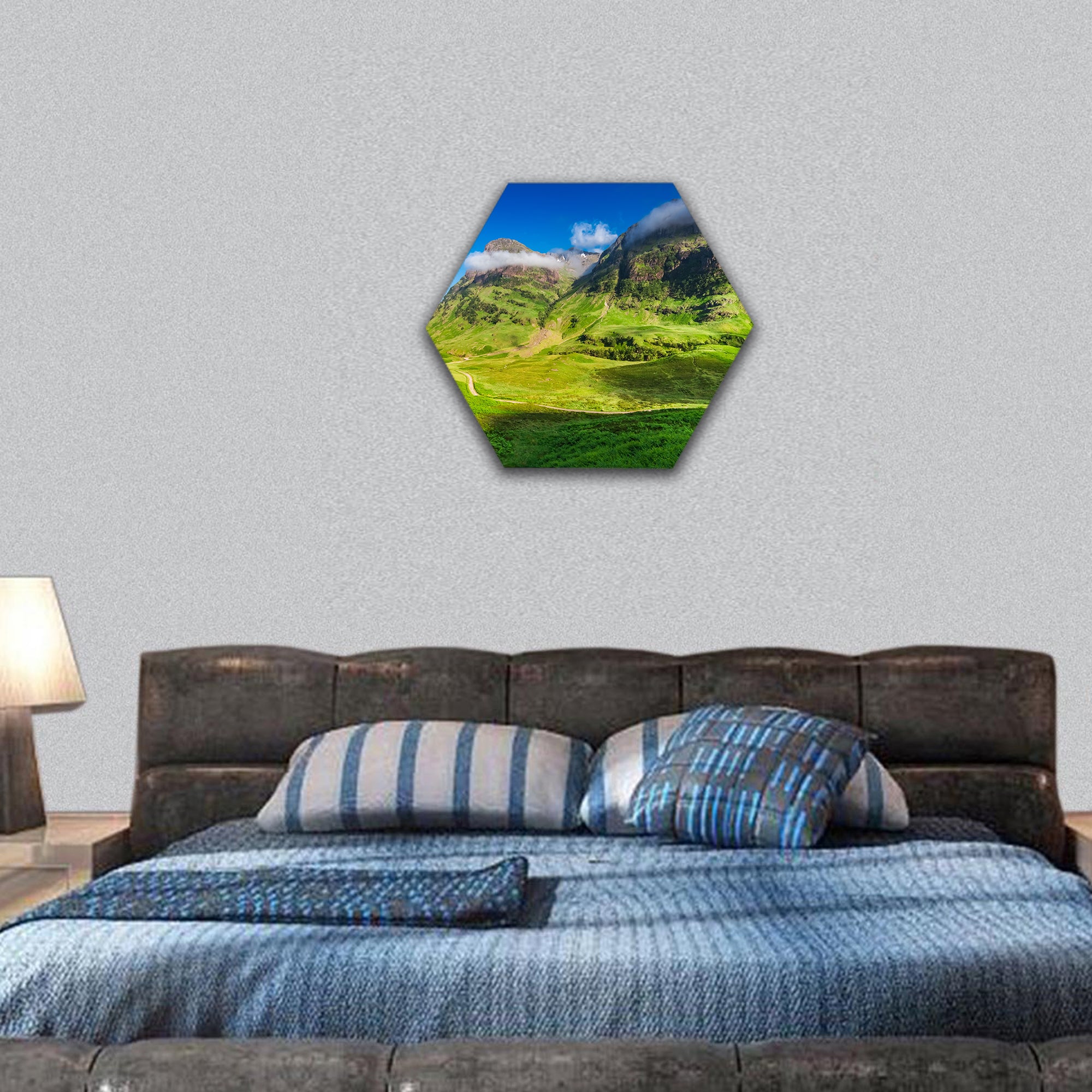 sunrise and tiny shadow of man, Glencoe hexagonal canvas wall art