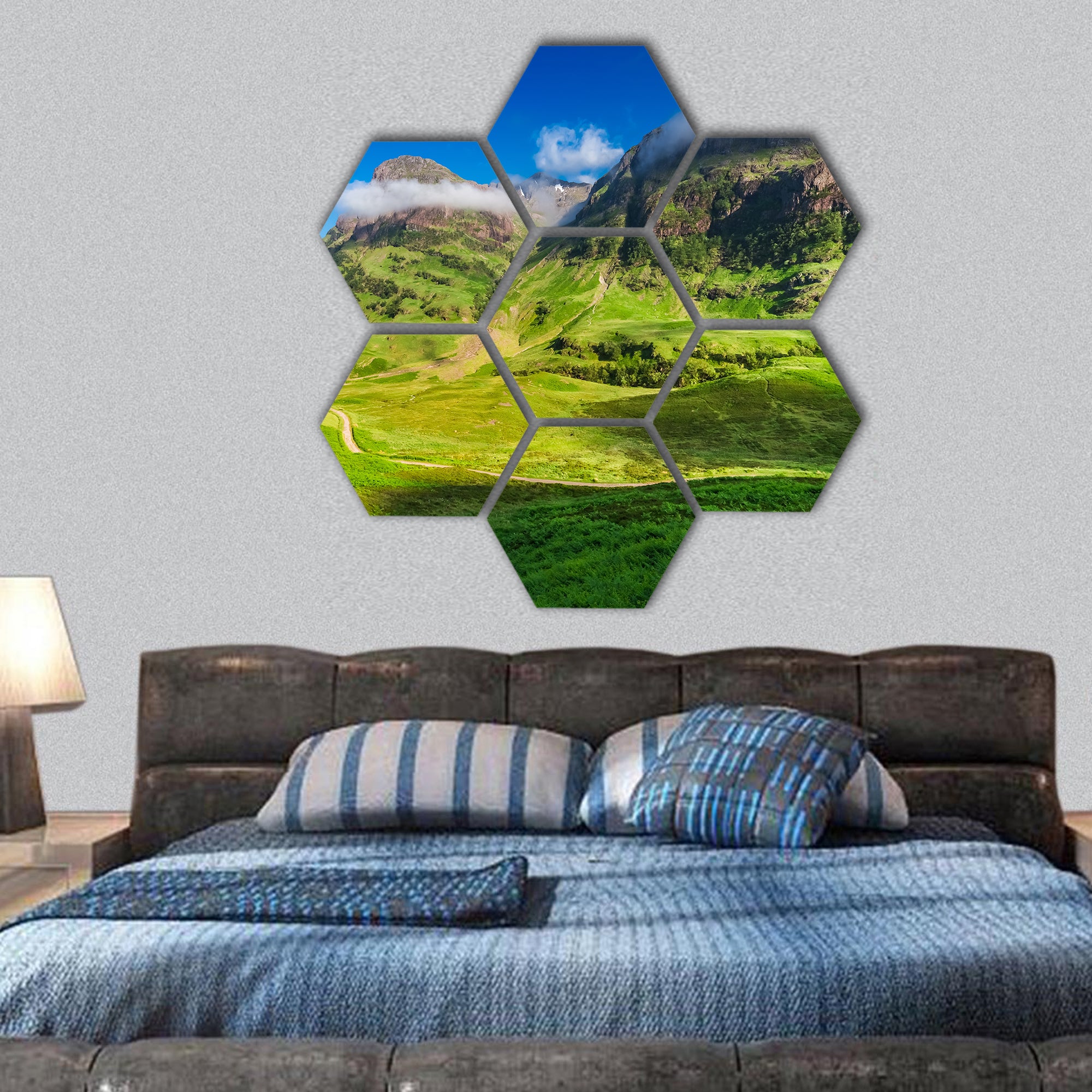 sunrise and tiny shadow of man, Glencoe hexagonal canvas wall art