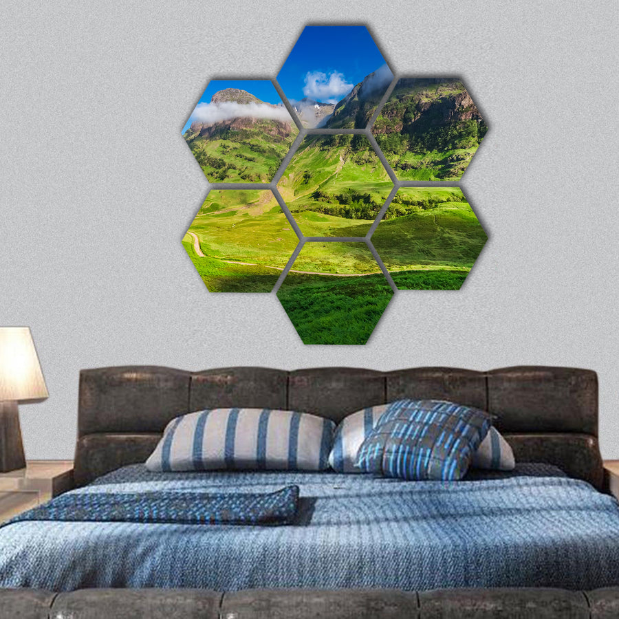 sunrise and tiny shadow of man, Glencoe hexagonal canvas wall art