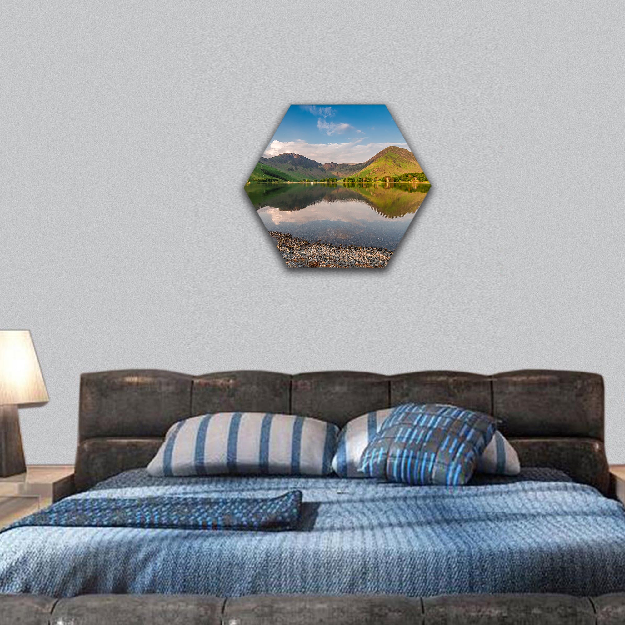 Sunset at calm lake in District Lake, England hexagonal canvas wall art