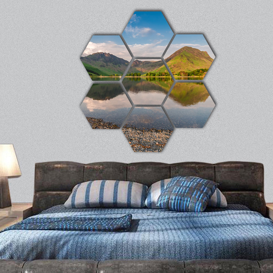 Sunset at calm lake in District Lake, England hexagonal canvas wall art