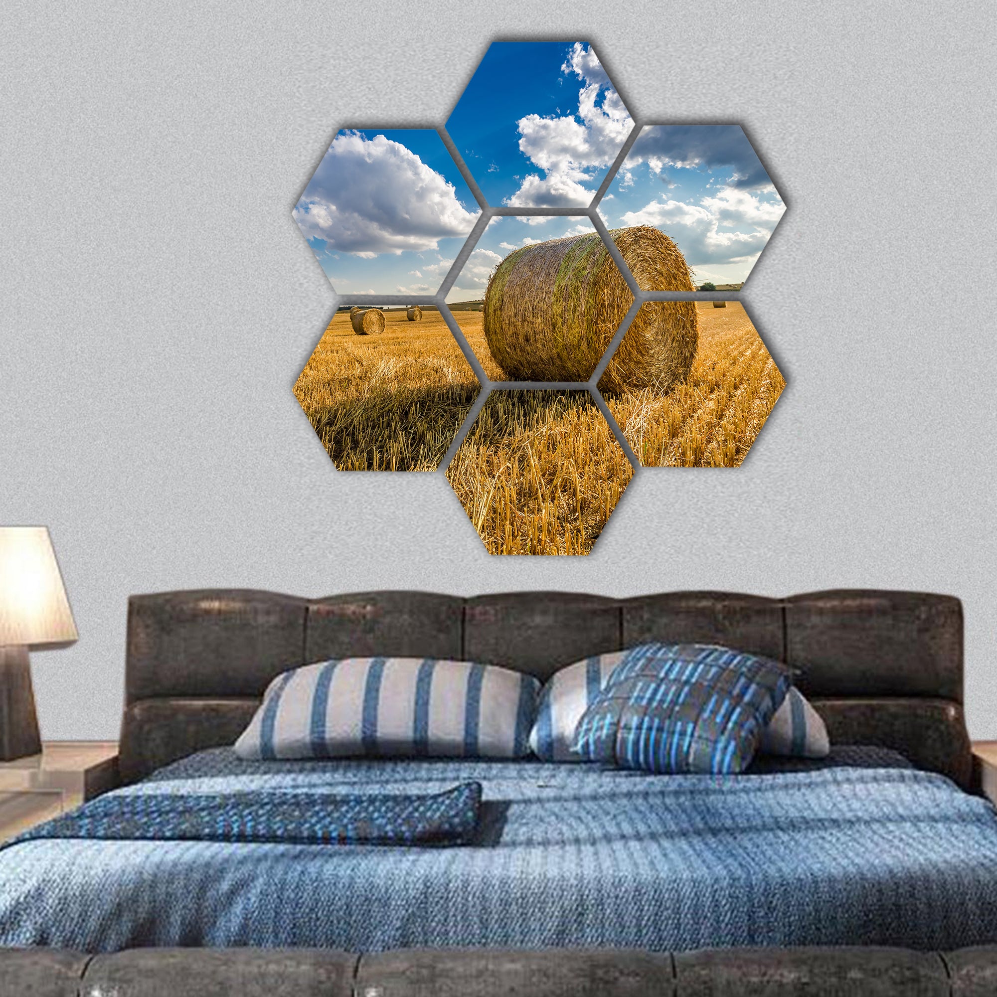 Yellow sheaf of hay on the field and blue sky hexagonal canvas wall art