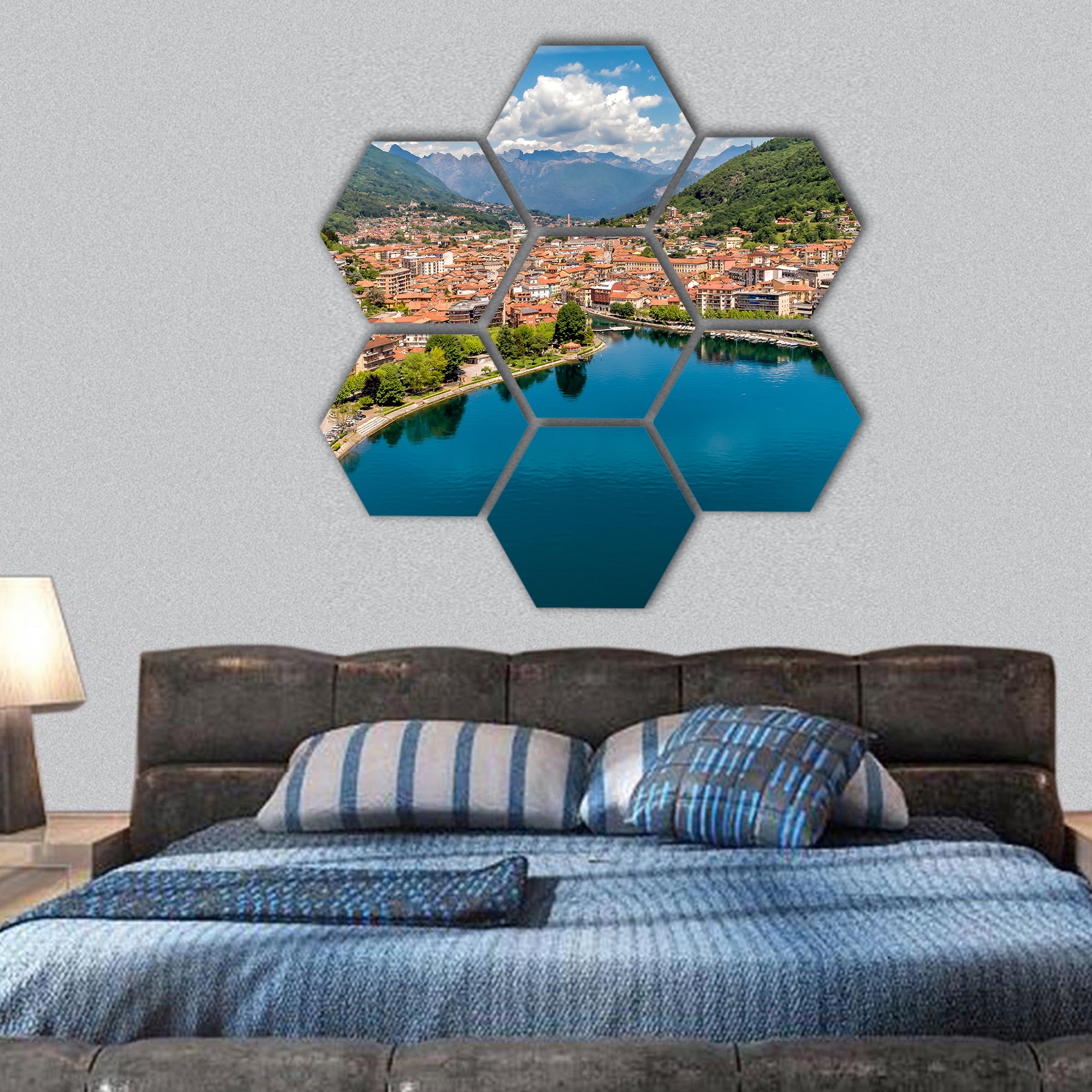 Omegna, located on the coast of Lake Orta hexagonal canvas wall art