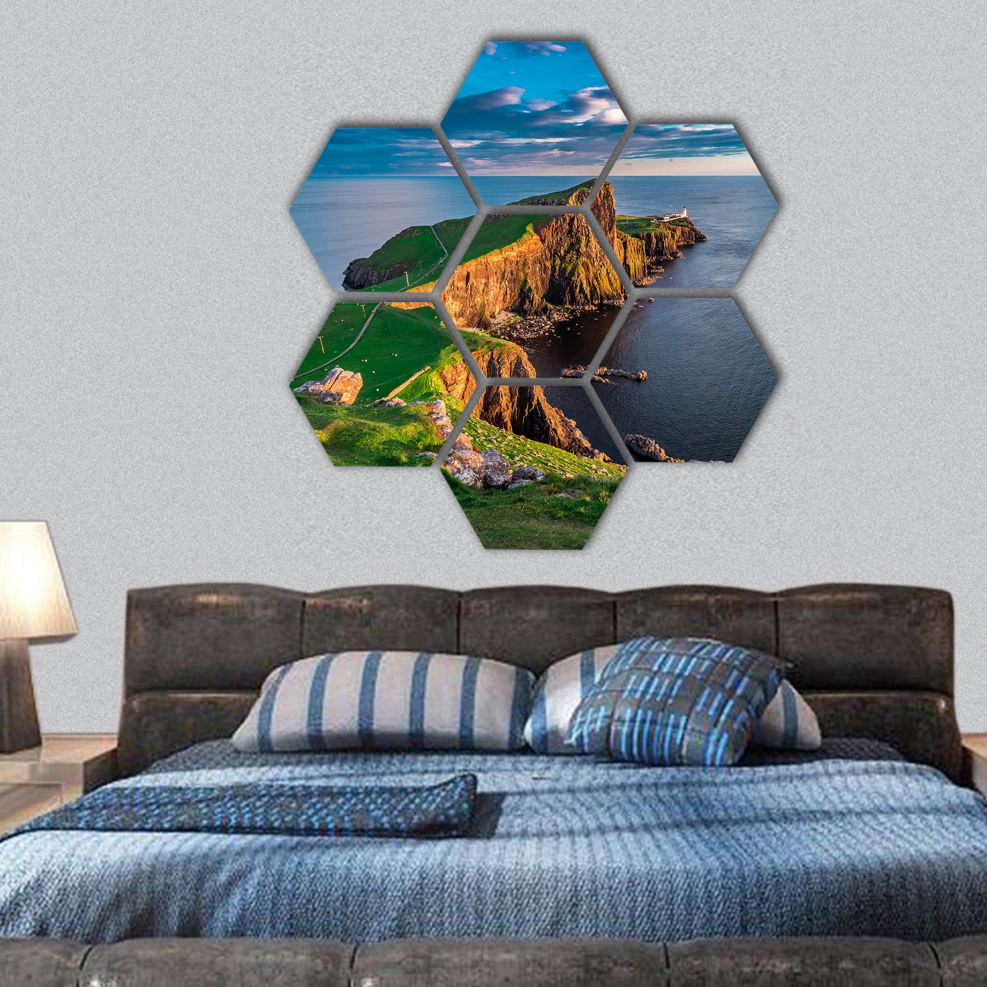 Sunset at the point lighthouse in Scotland hexagonal canvas wall art