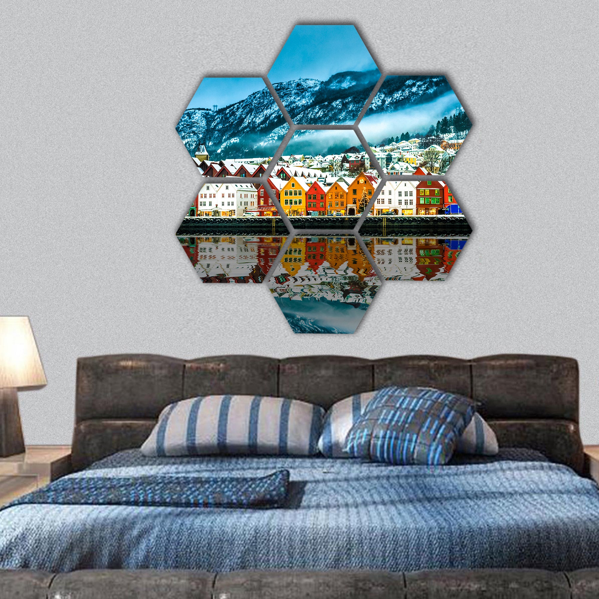 View on Bruges, Bergen Norway hexagonal canvas wall art