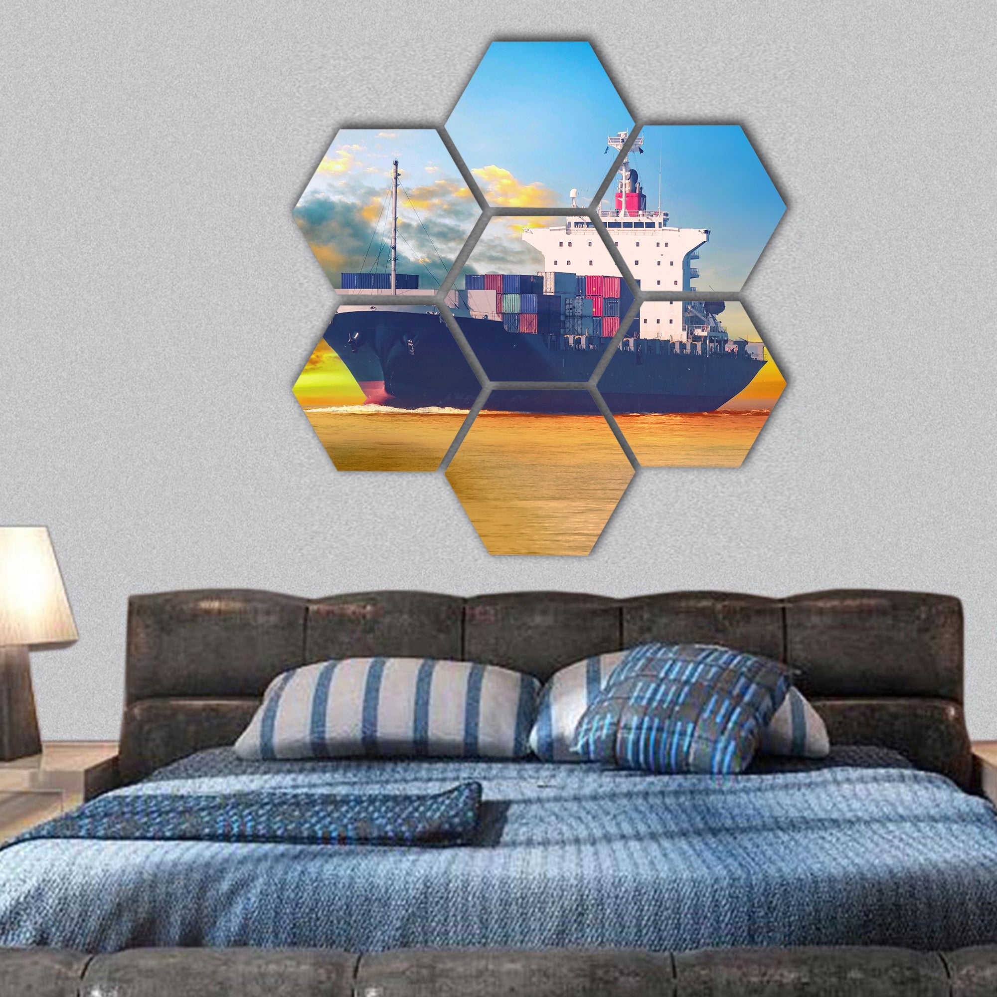 Big international cargo ship in ocean hexagonal canvas wall art