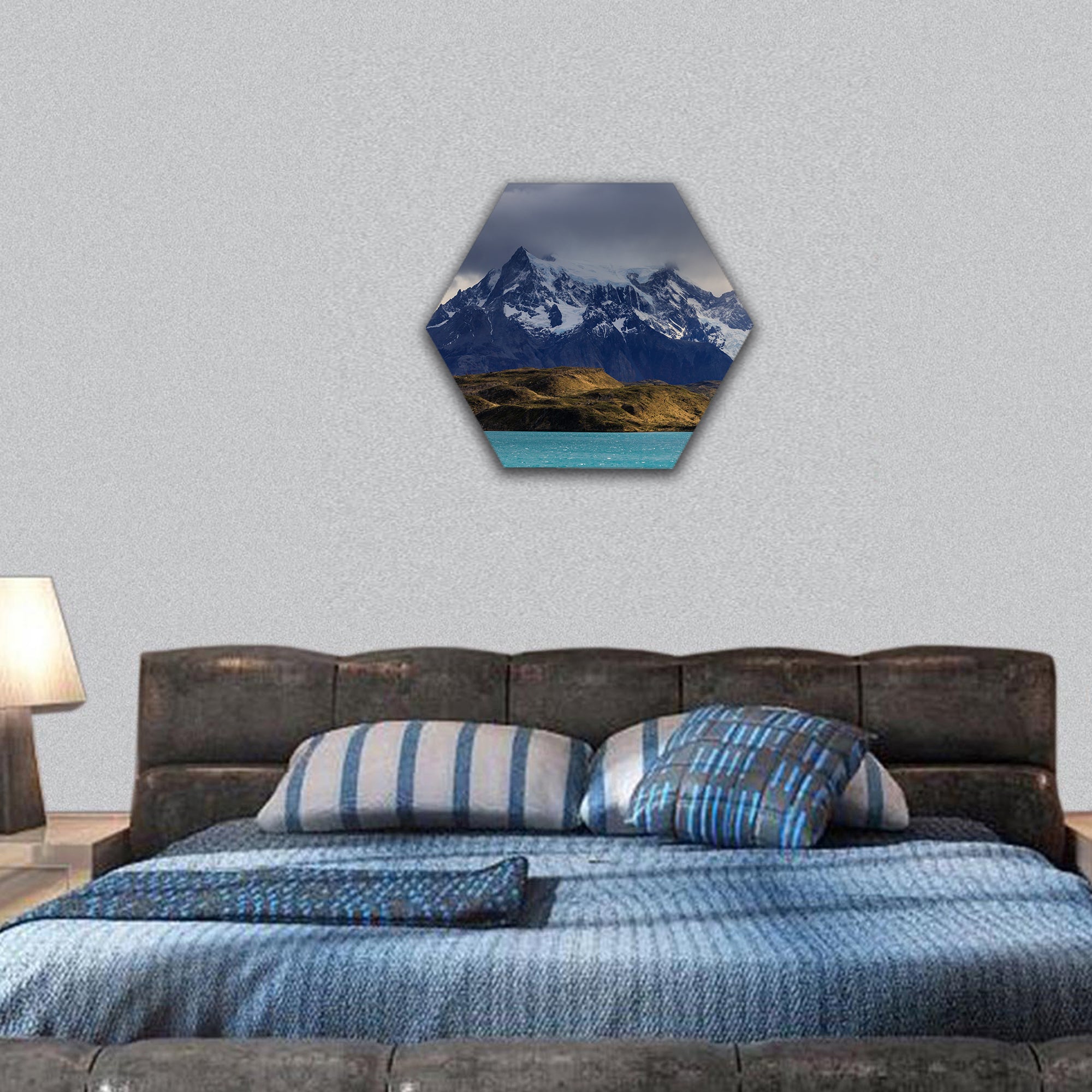 Turquoise waters of Lake Pehoe, Patagonia hexagonal canvas wall art