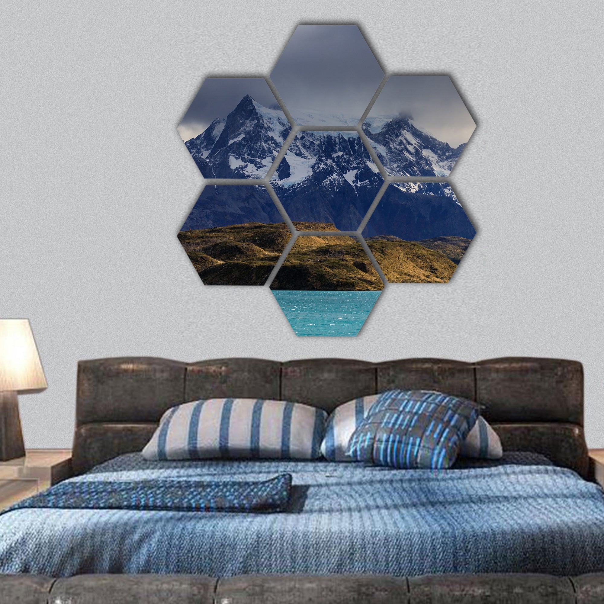 Turquoise waters of Lake Pehoe, Patagonia hexagonal canvas wall art