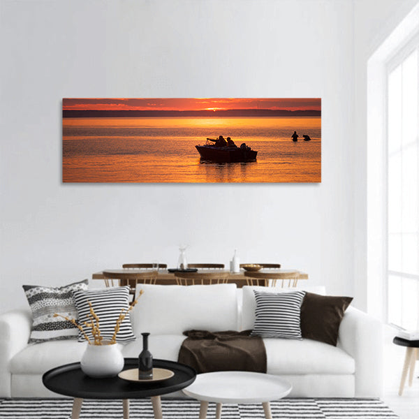 People at sunset sail by boat panoramic canvas wall art