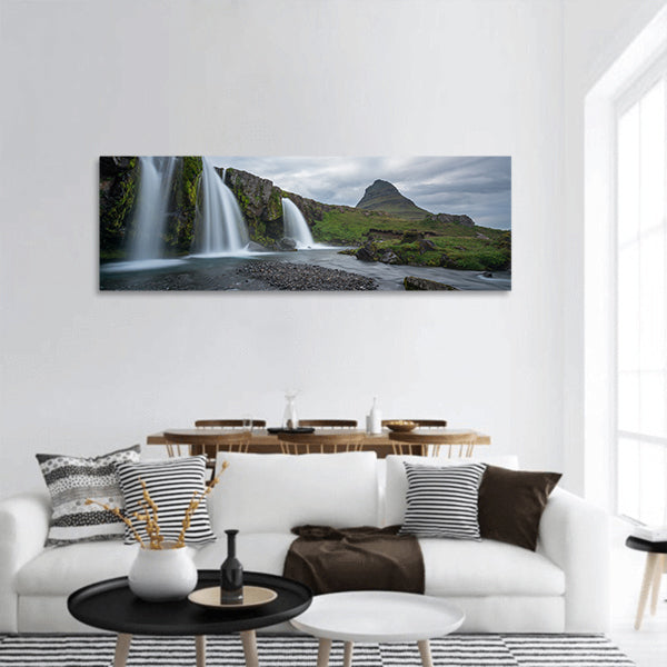 Kirkjufellsfoss on a cloudy day panoramic canvas wall art