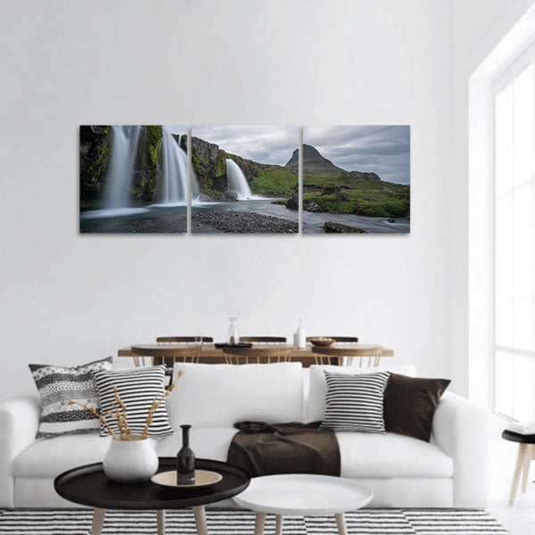 Kirkjufellsfoss on a cloudy day panoramic canvas wall art