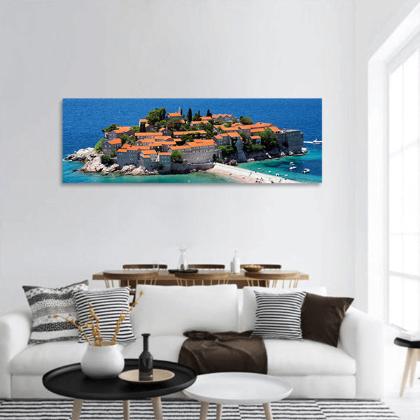 Sveti Stefan in daylight, top view Panoramic Canvas Wall Art