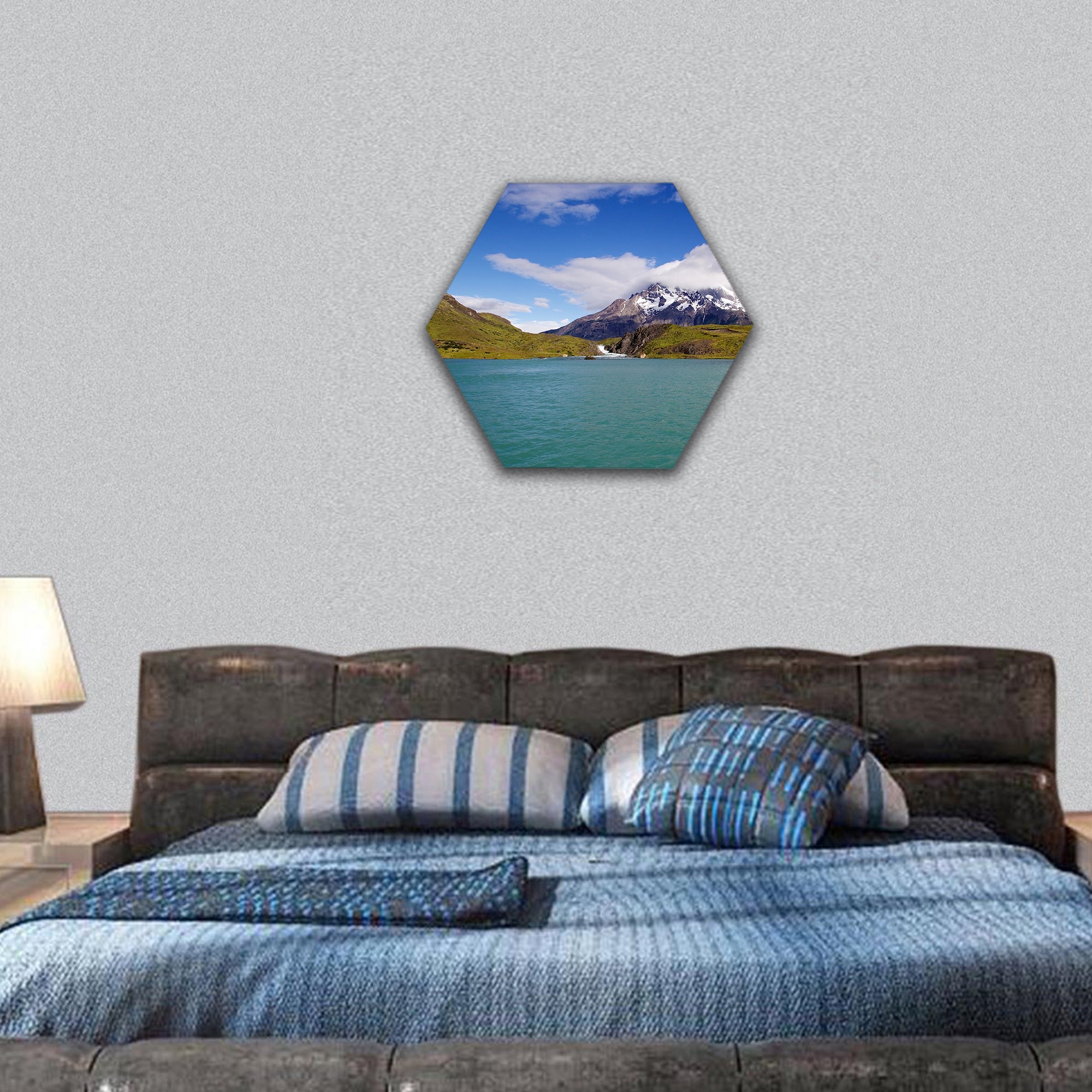 Mountains and Lake Pehoe Chile hexagonal canvas wall art