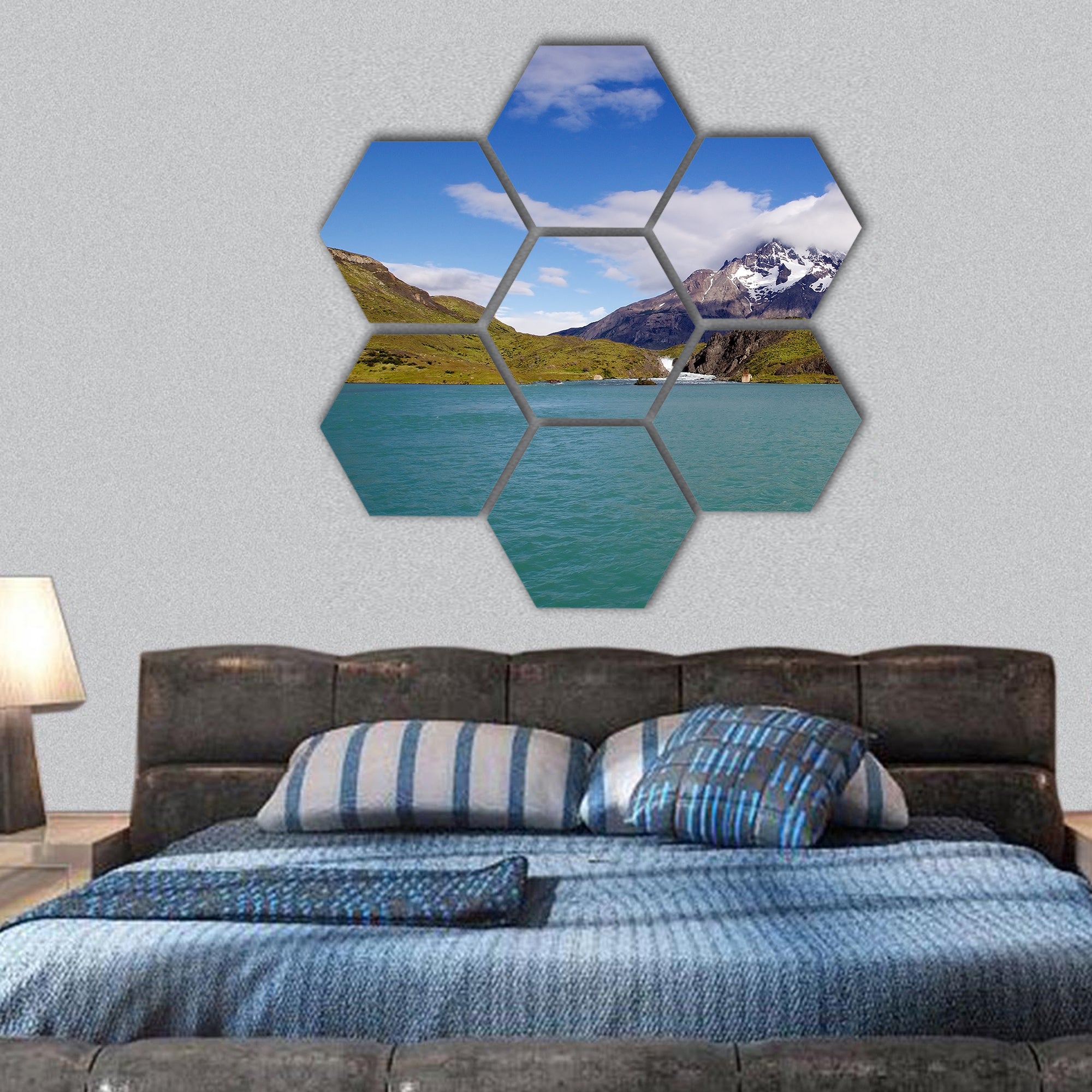 Mountains and Lake Pehoe Chile hexagonal canvas wall art