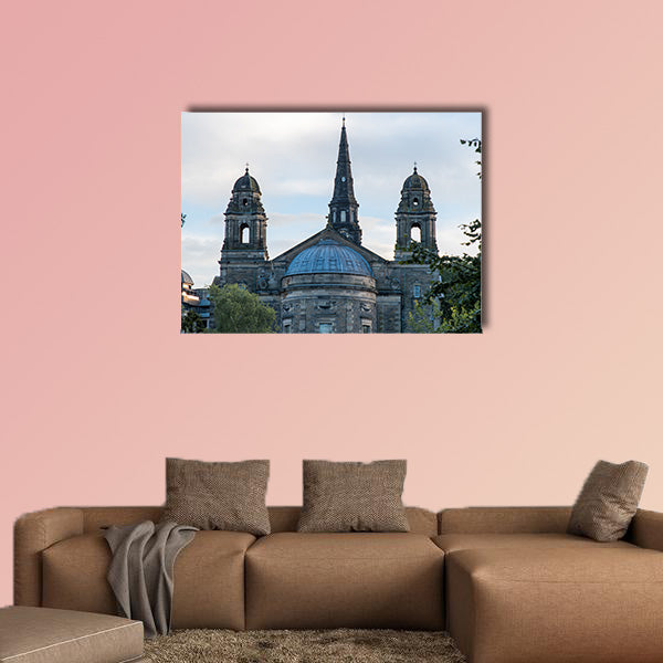 The facade of The Parish Church of St Cuthbert in Edinburgh multi panel canvas wall art