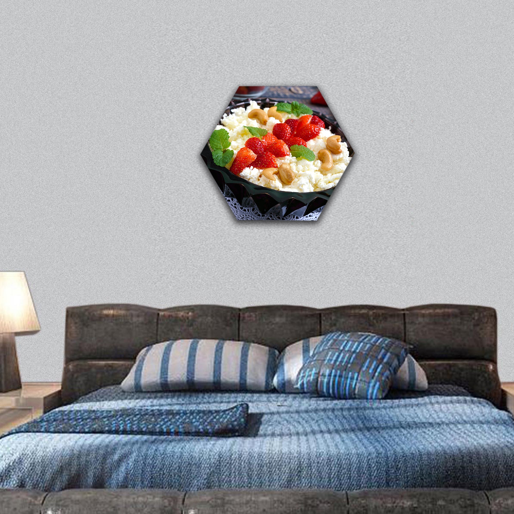 Cheese with strawberries hexagonal canvas wall art