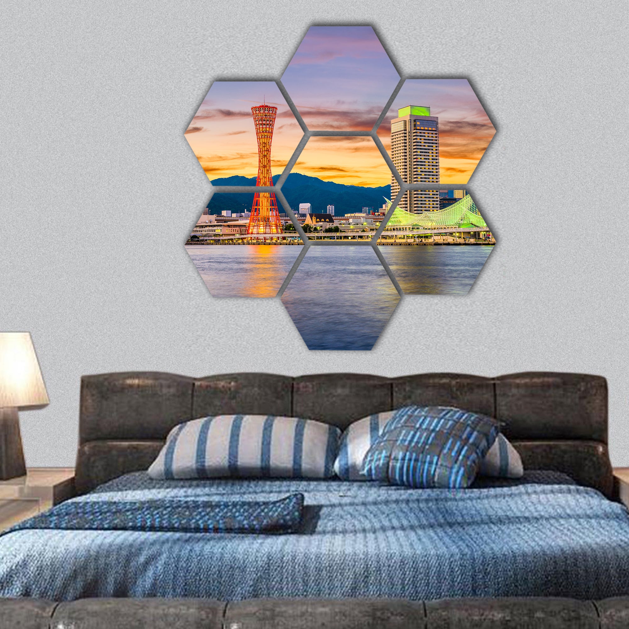 Japan port skyline panorama at dusk hexagonal canvas wall art