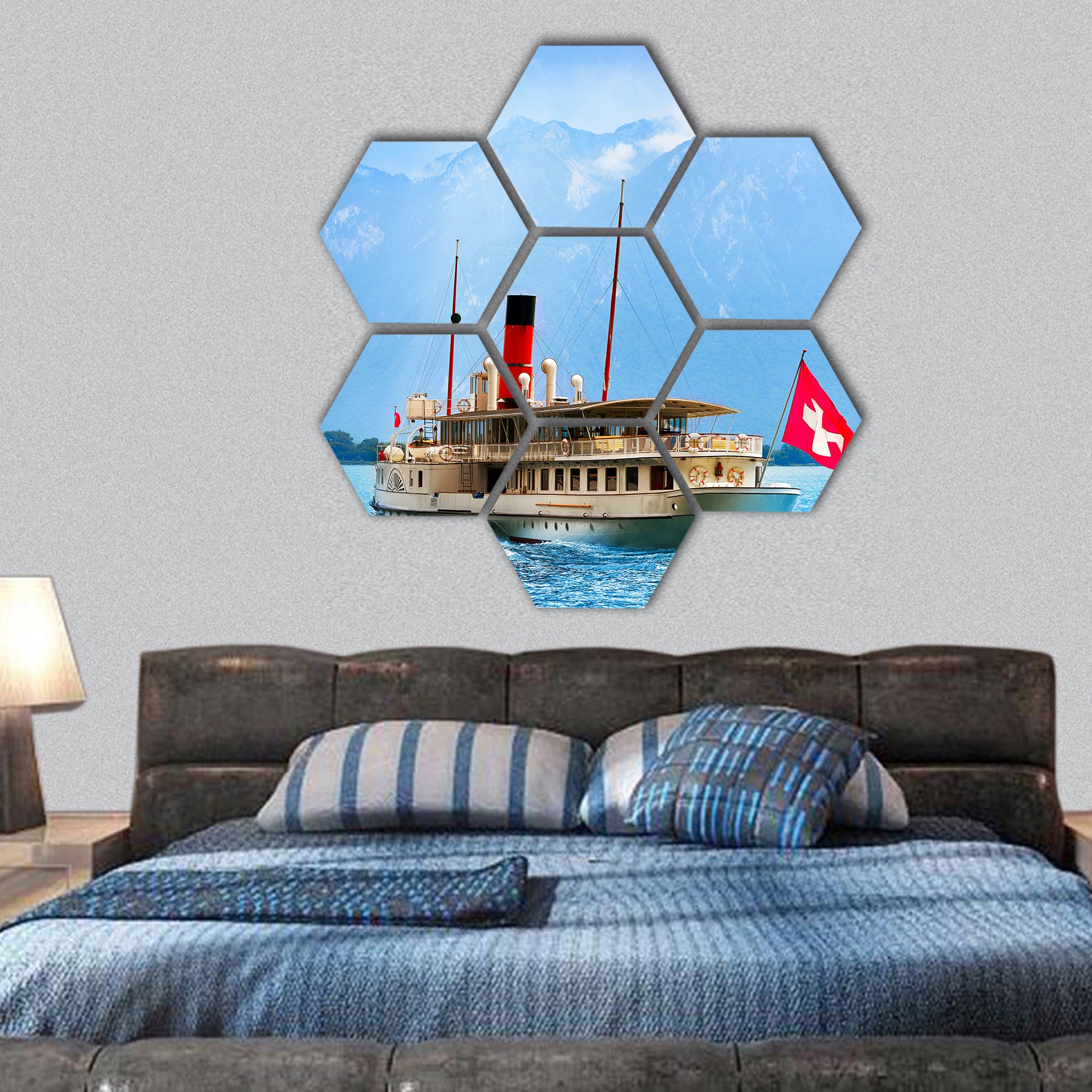 Geneve Lake Leman, Steamer ship Switzerland hexagonal canvas wall art