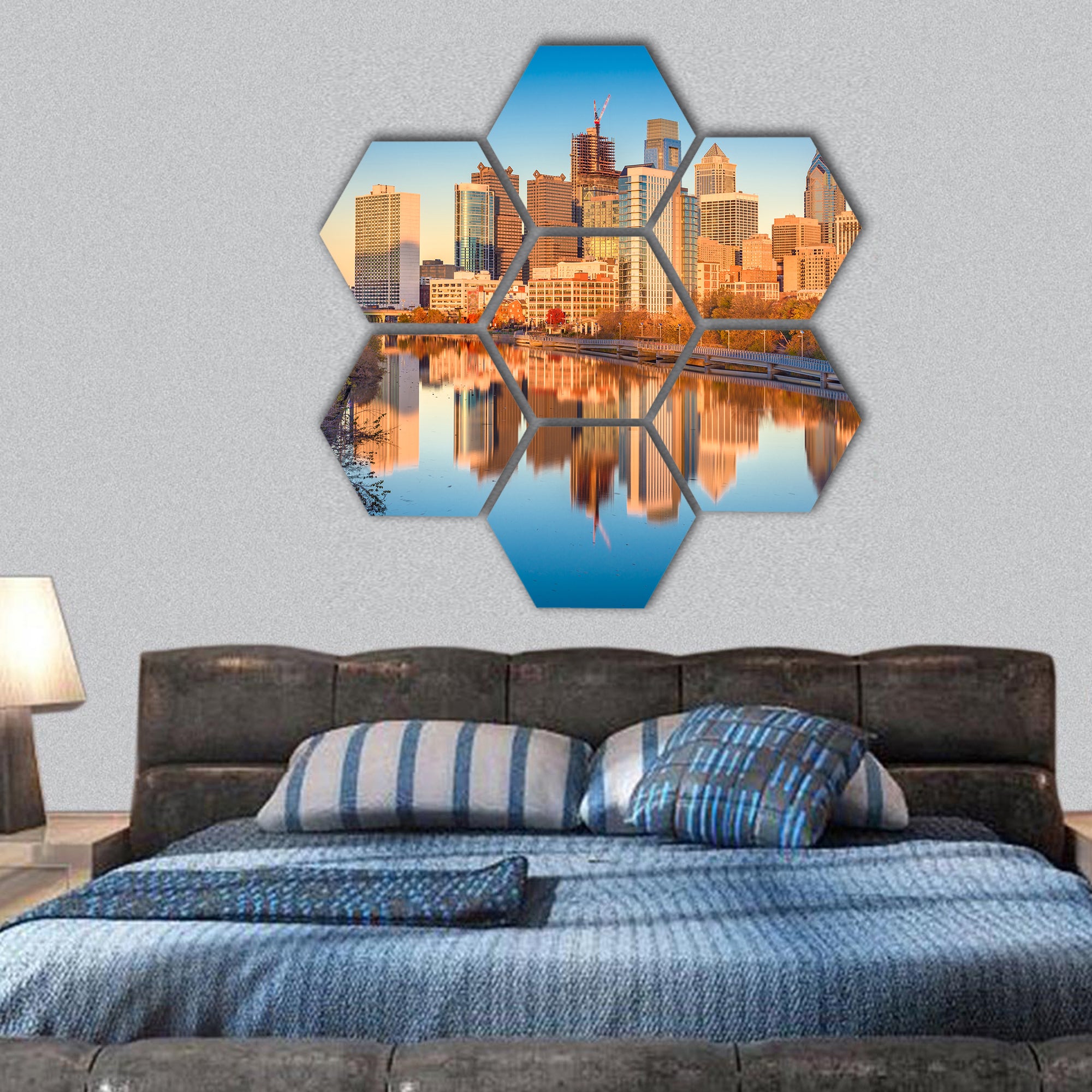 USA downtown city skyline on the Schuylkill River  hexagonal canvas wall art
