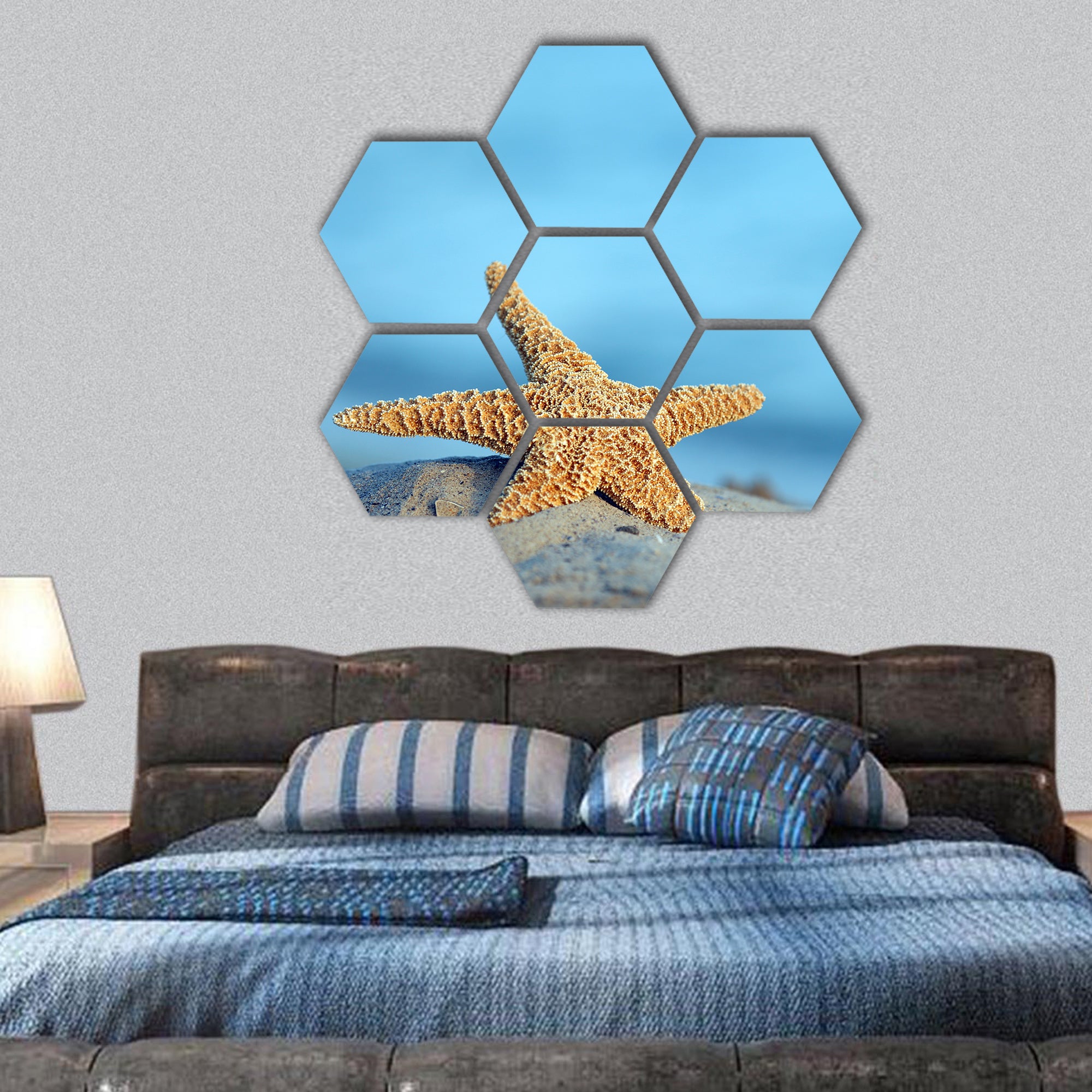 Beautiful starfish on sandy beach hexagonal canvas wall art