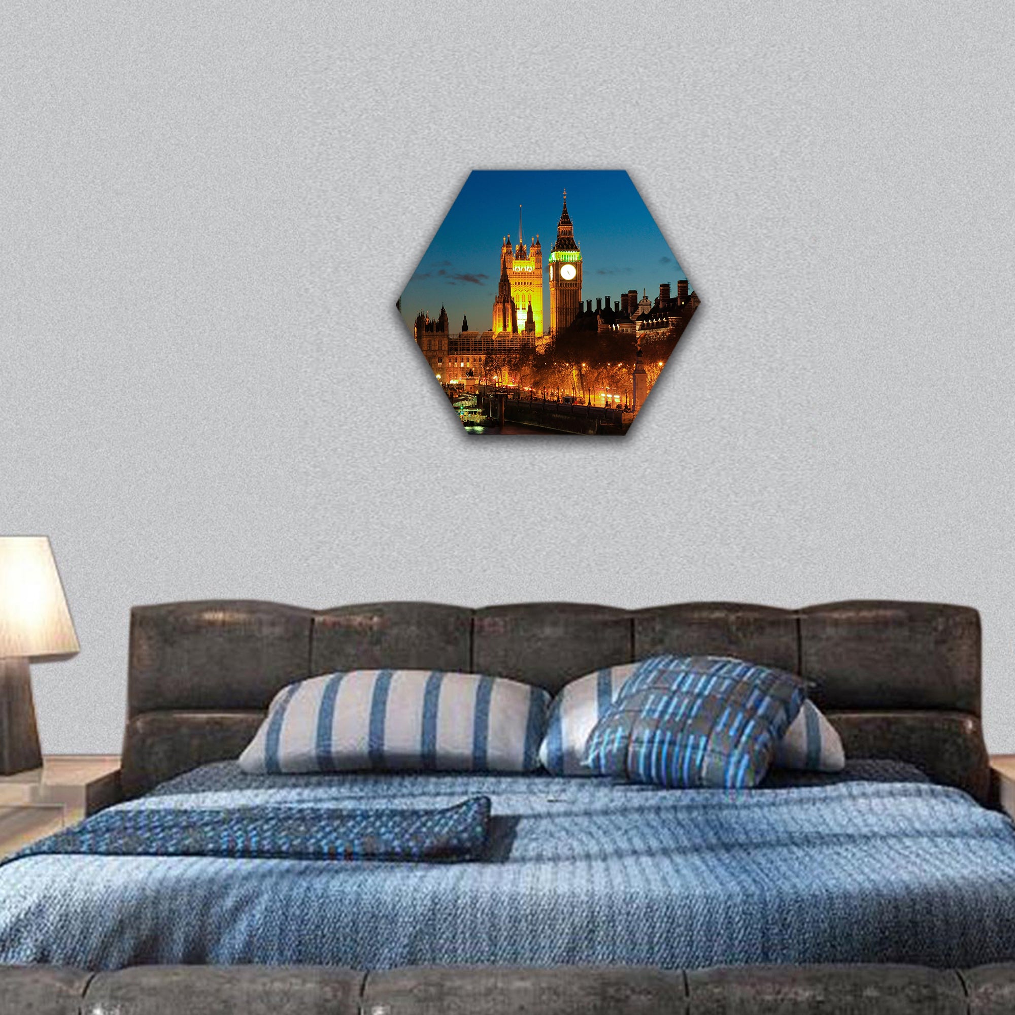 Big Ben clock Tower in color at night hexagonal canvas wall art