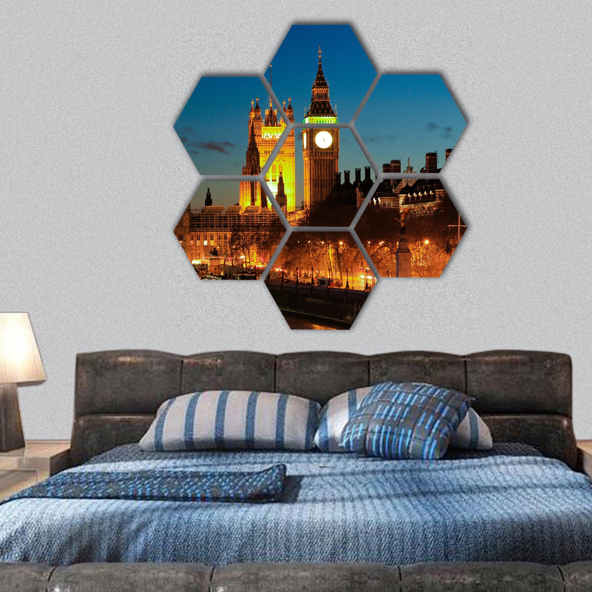 Big Ben clock Tower in color at night hexagonal canvas wall art