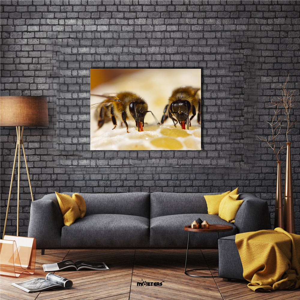 Honey Bees Sucking The Juice From The Ventricles Of The Flower, To Feed Their Young Ones, Multi Panel Canvas Wall Art