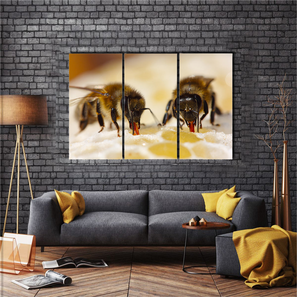 Honey Bees Sucking The Juice From The Ventricles Of The Flower, To Feed Their Young Ones, Multi Panel Canvas Wall Art