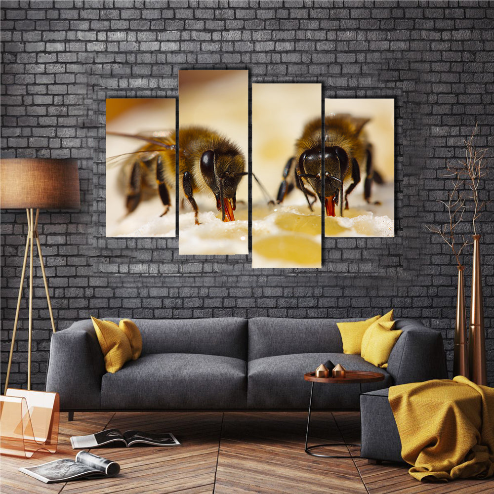 Honey Bees Sucking The Juice From The Ventricles Of The Flower, To Feed Their Young Ones, Multi Panel Canvas Wall Art