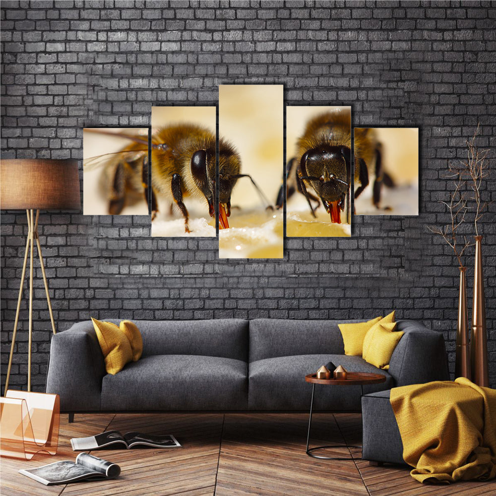 Honey Bees Sucking The Juice From The Ventricles Of The Flower, To Feed Their Young Ones, Multi Panel Canvas Wall Art