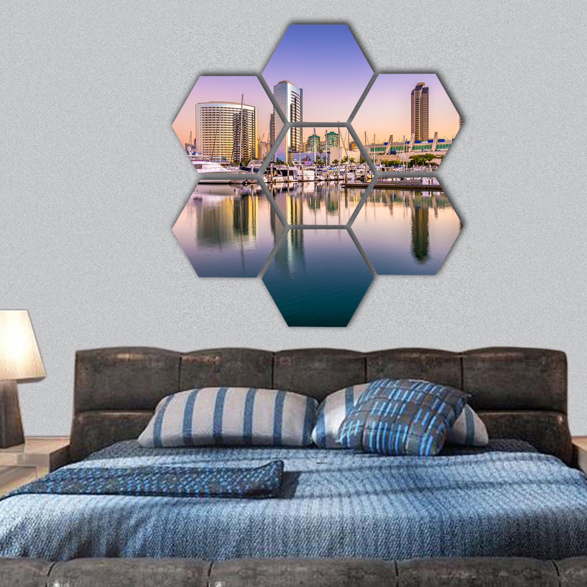 USA downtown cityscape at night hexagonal canvas wall art