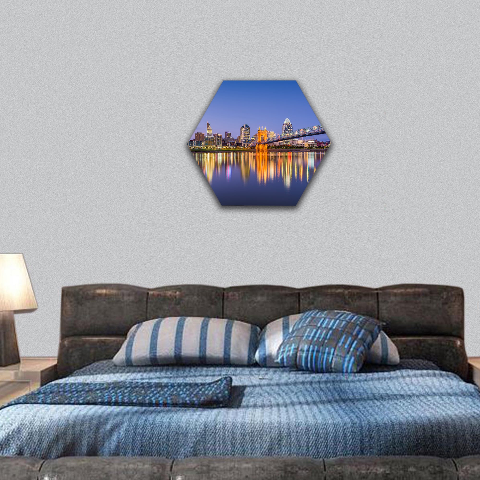 USA skyline on the river at dusk hexagonal canvas wall art